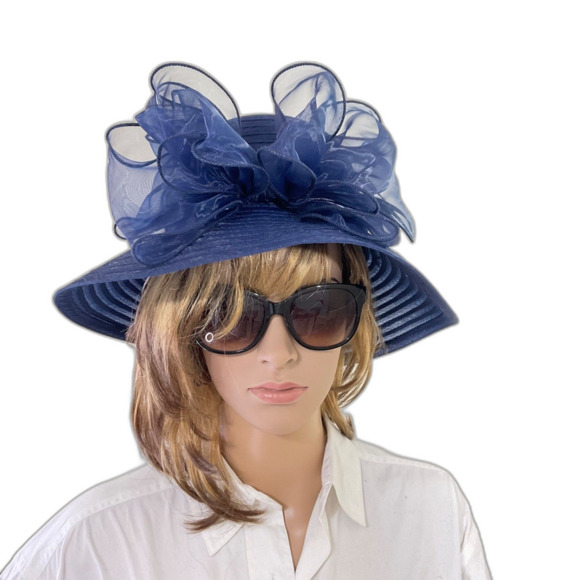 Forbusite Wide Brim Hat OS adjustable with w Large Bow Derby Church Navy blue - Picture 6 of 8